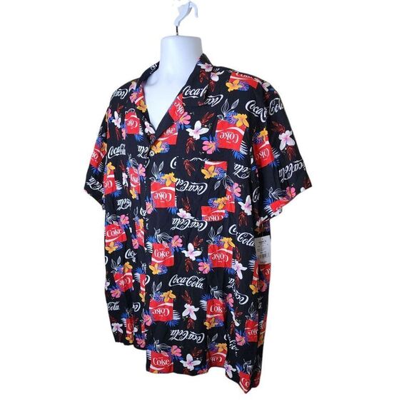 NEW Coca Cola Hawaiian Button Up Rayon Shirt Tropical Floral Mens XXL Black - Picture 3 of 6